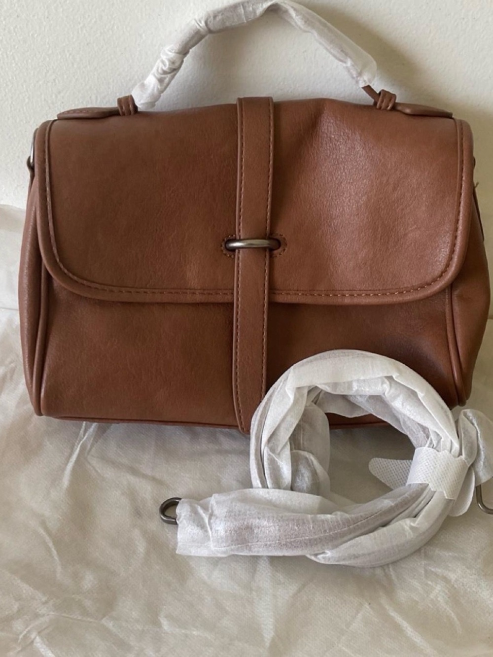Free People Cognac Leather-Look Top-Handle Satchel